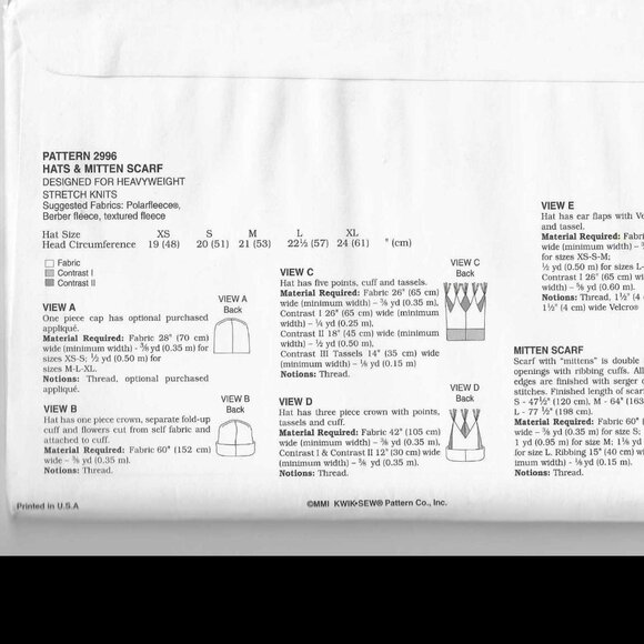 Kwik Sew Pattern 2996 Hats & Mitten Scarf for Adults/Children - Picture 2 of 3